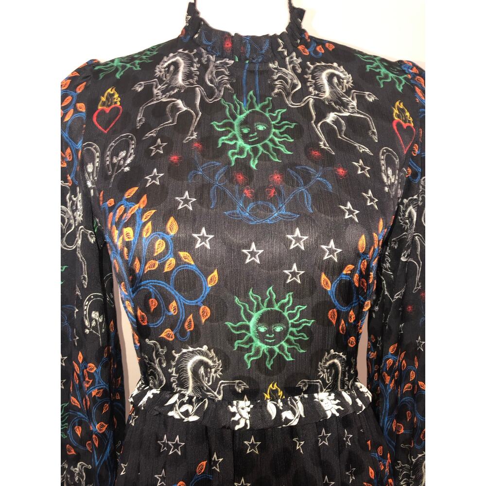 Sandro Paris Celestial Zodiac Ruffled Trim Grassette Midi Dress Black Size XS - Picture 4 of 14